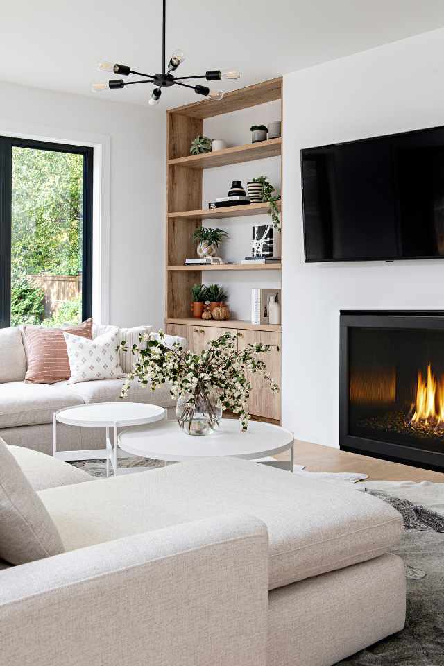 designer living room with open shelving, neutral color palette and potted plants